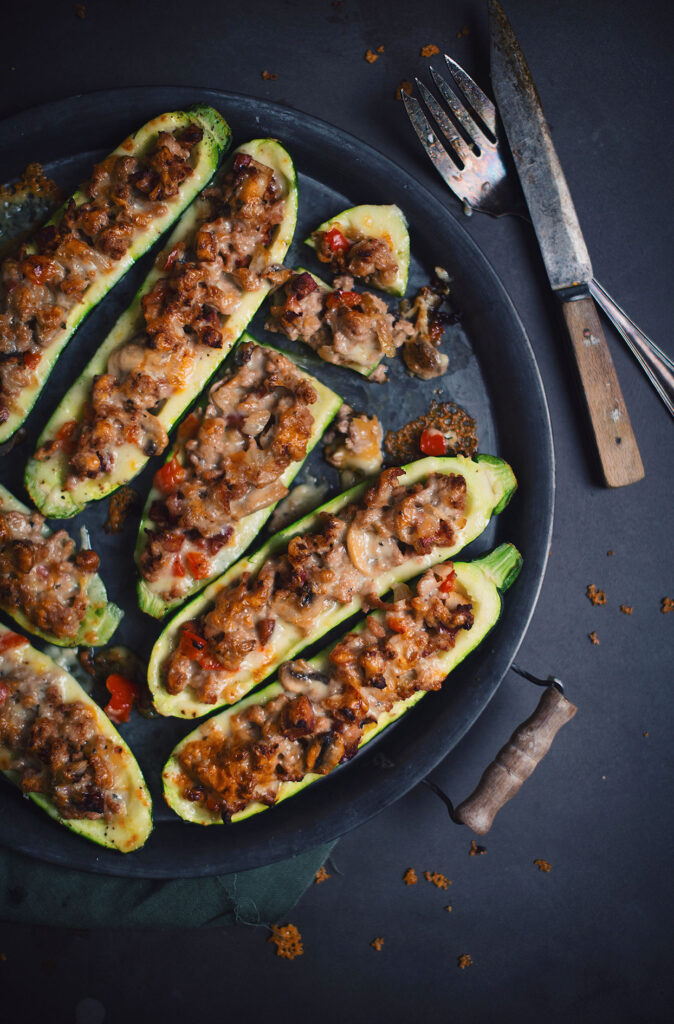 Turkey and chorizo stuffed zucchinis