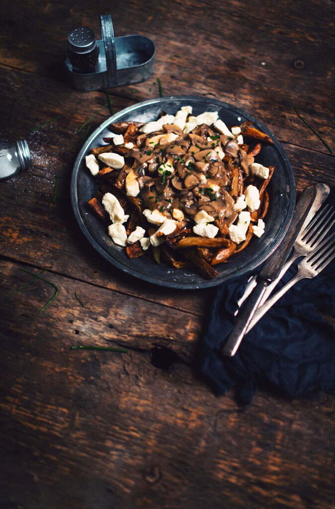 Poutine with wild mushrooms and beer brown sauce