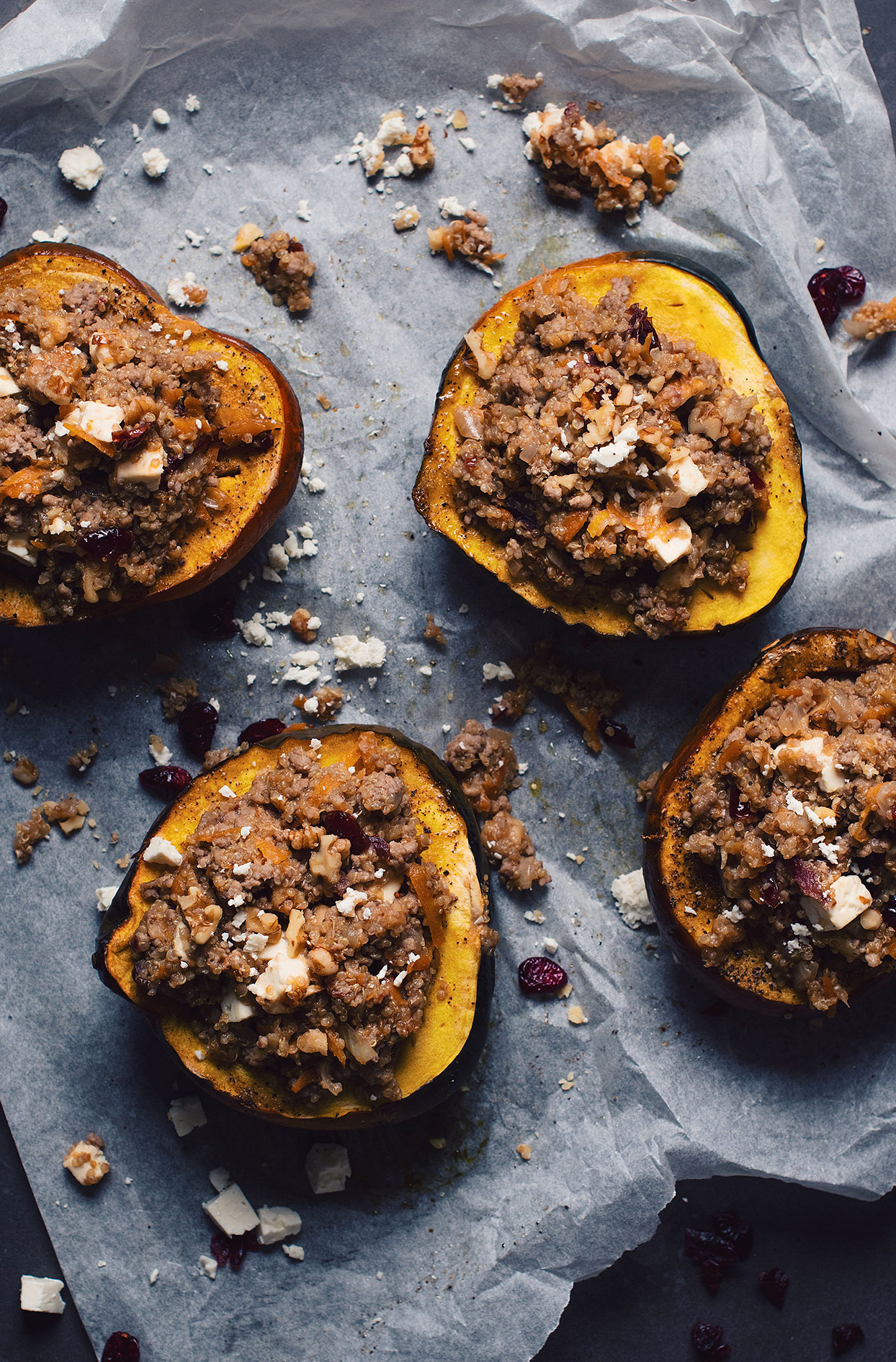 Stuffed acorn squash with quinoa, veal and apples