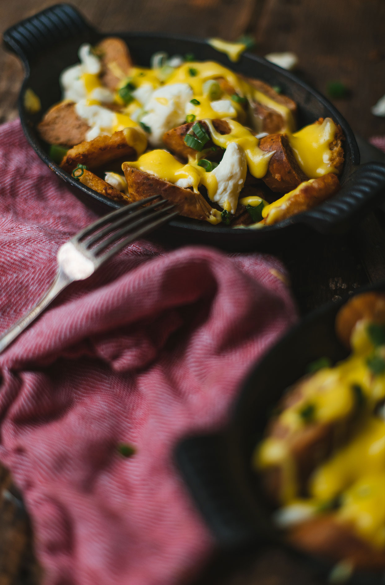 Breakfast poutine casserole with tomato and basil sausages
