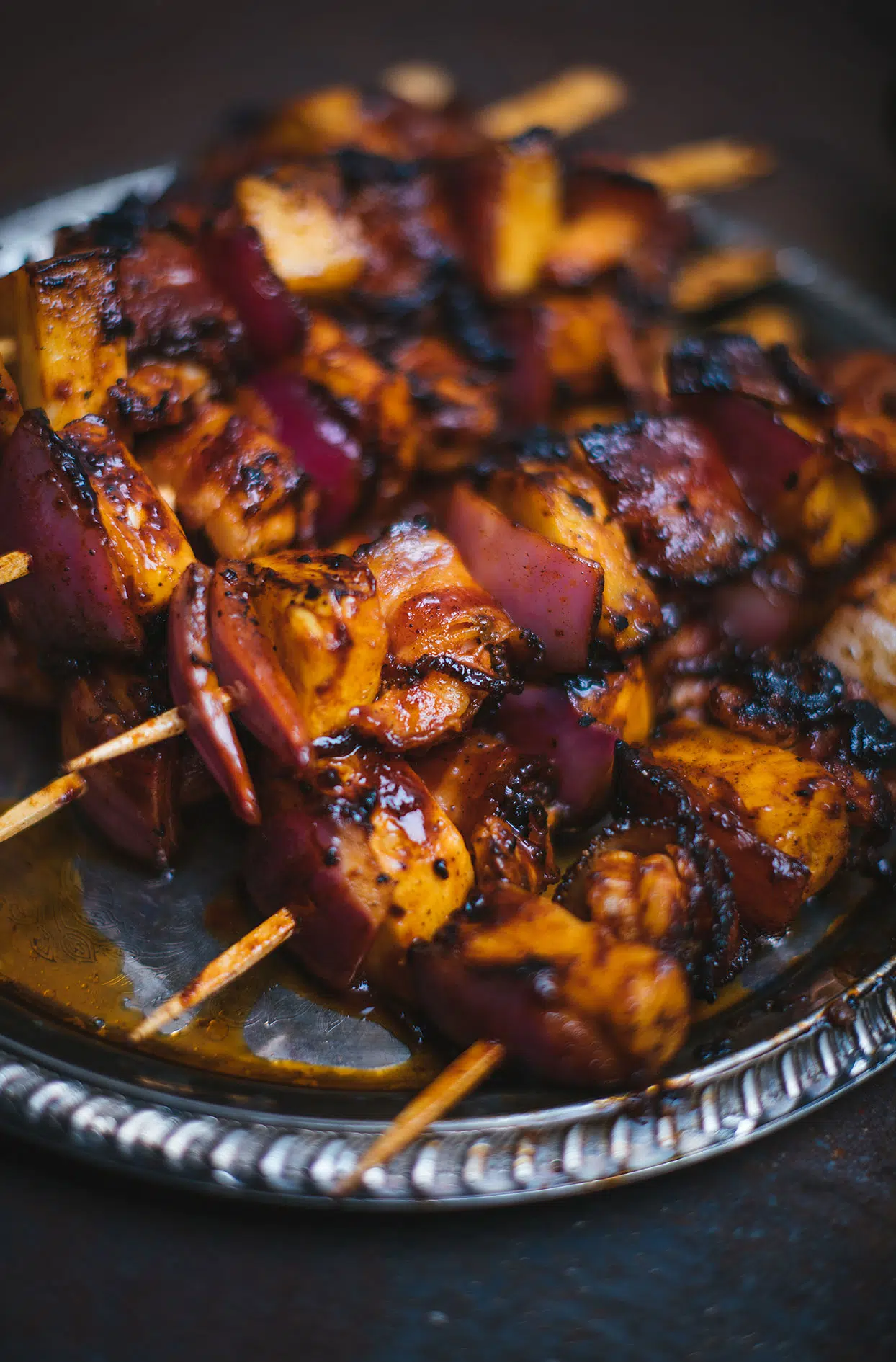 BBQ shrimp skewers with pepper bacon and pineapple
