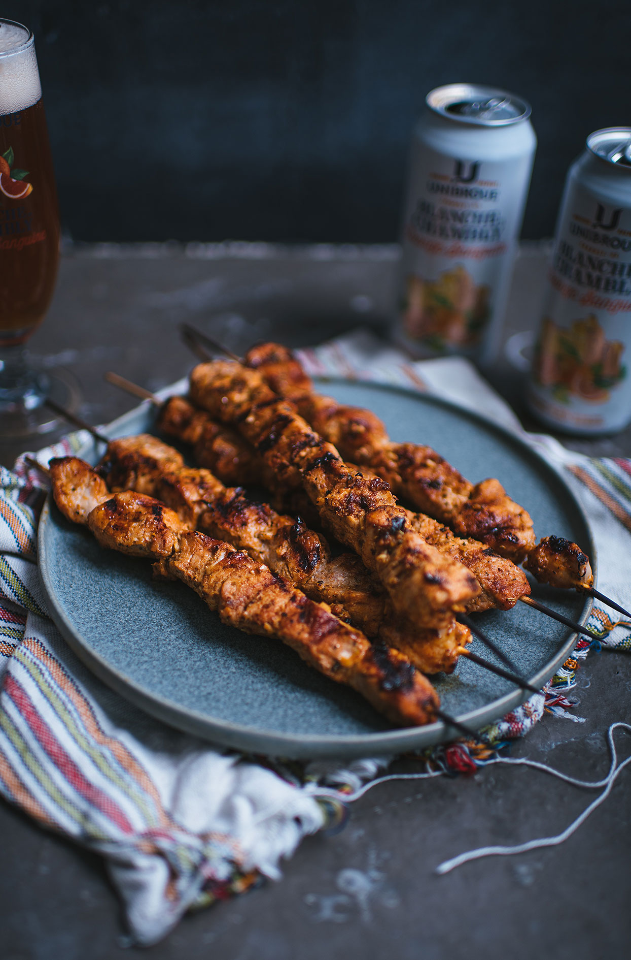 Pork tenderloin skewers with Blanche de Chambly Blood Orange beer and chipotle