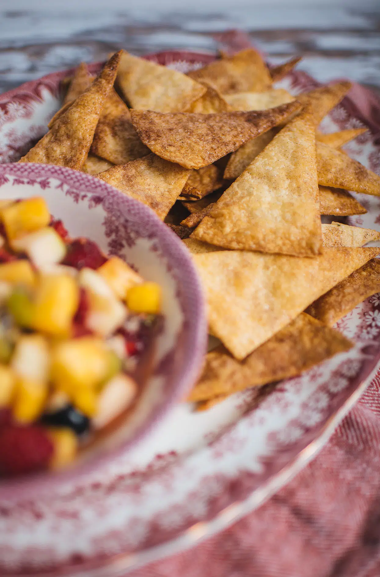 Cinnamon sweet tortilla chips with fruit salad