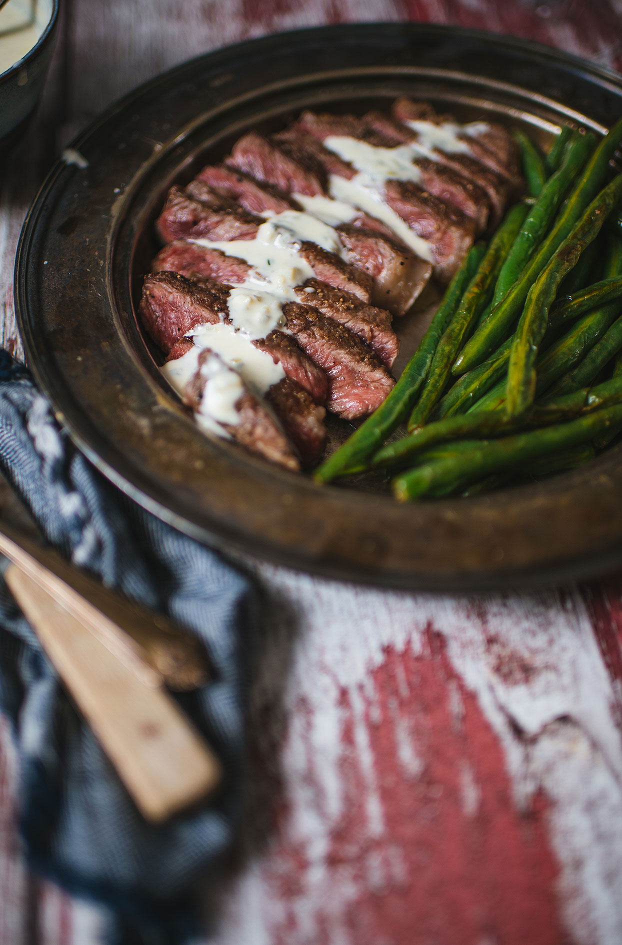 Beef striploin with blue cheese sauce