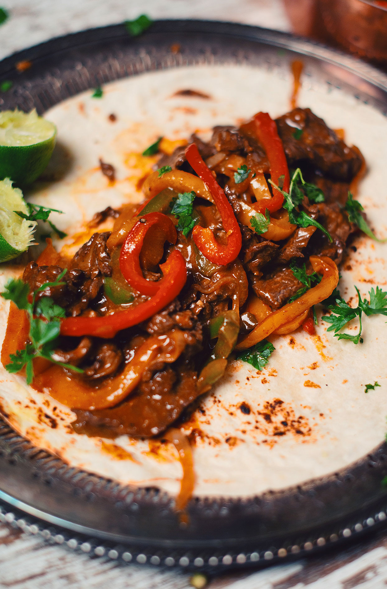 Beef fajitas with lime and beer marinade