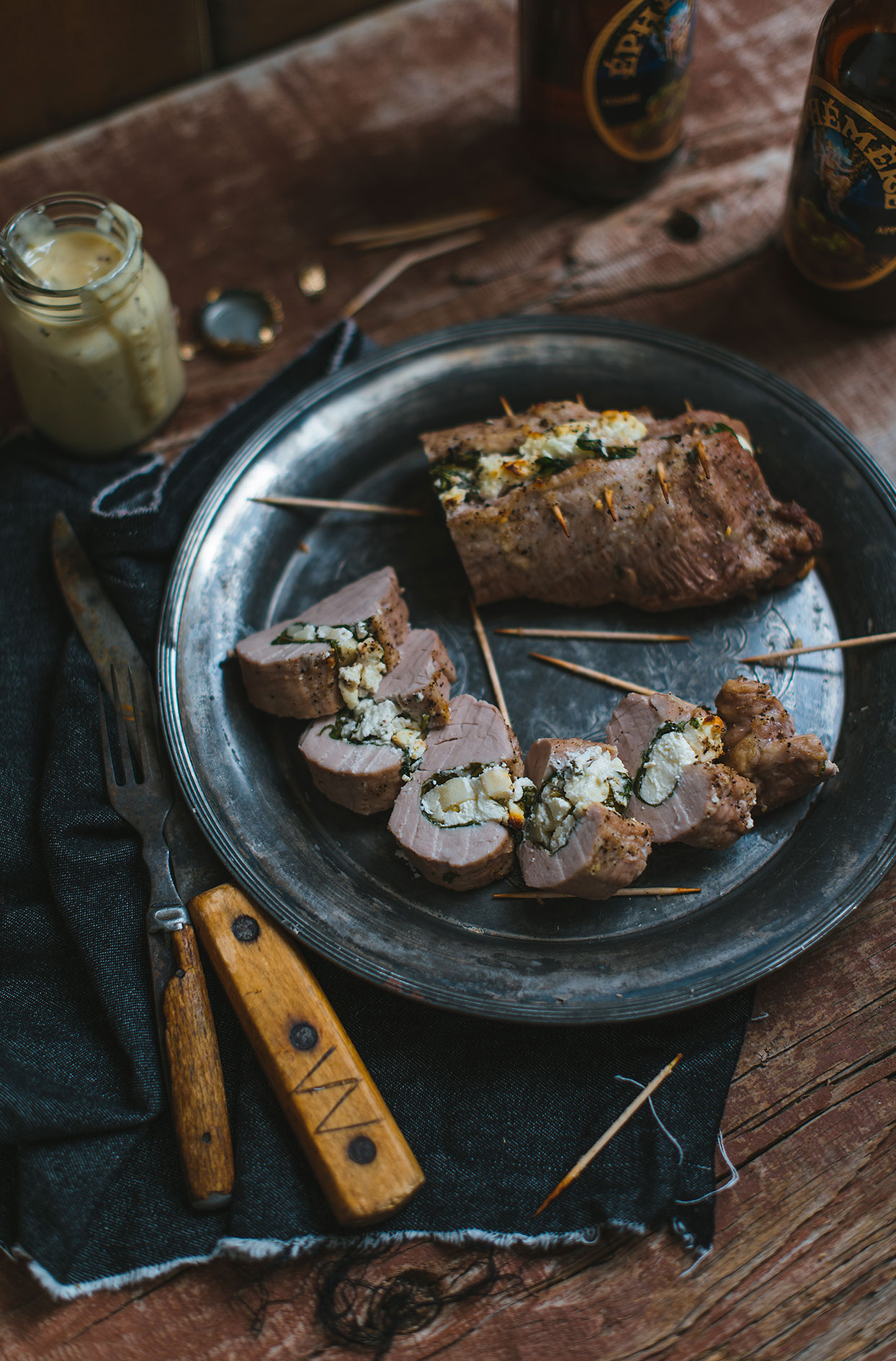 Pork tenderloins stuffed with apples, goat cheese and spinach