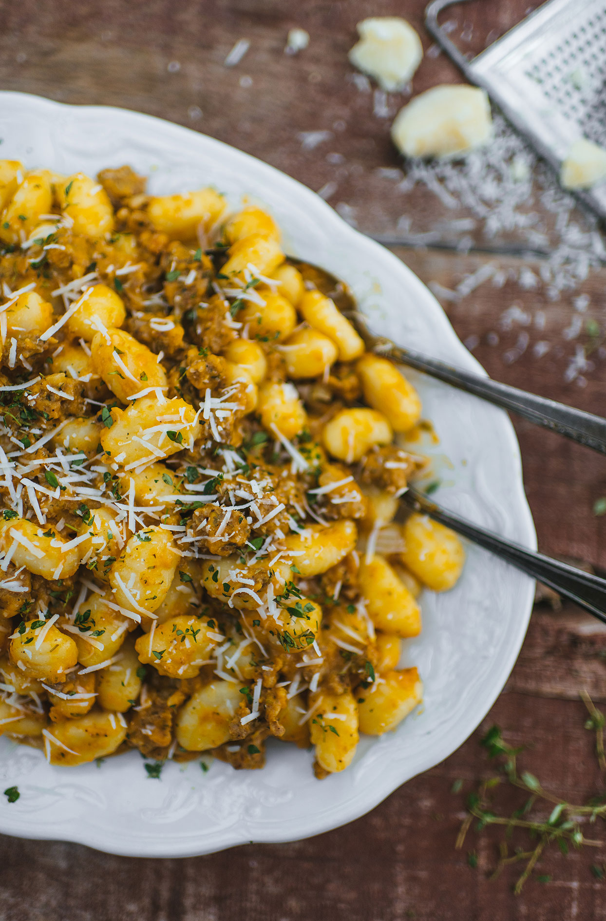 Gnocchi with pumpkin and fine herbs sausages