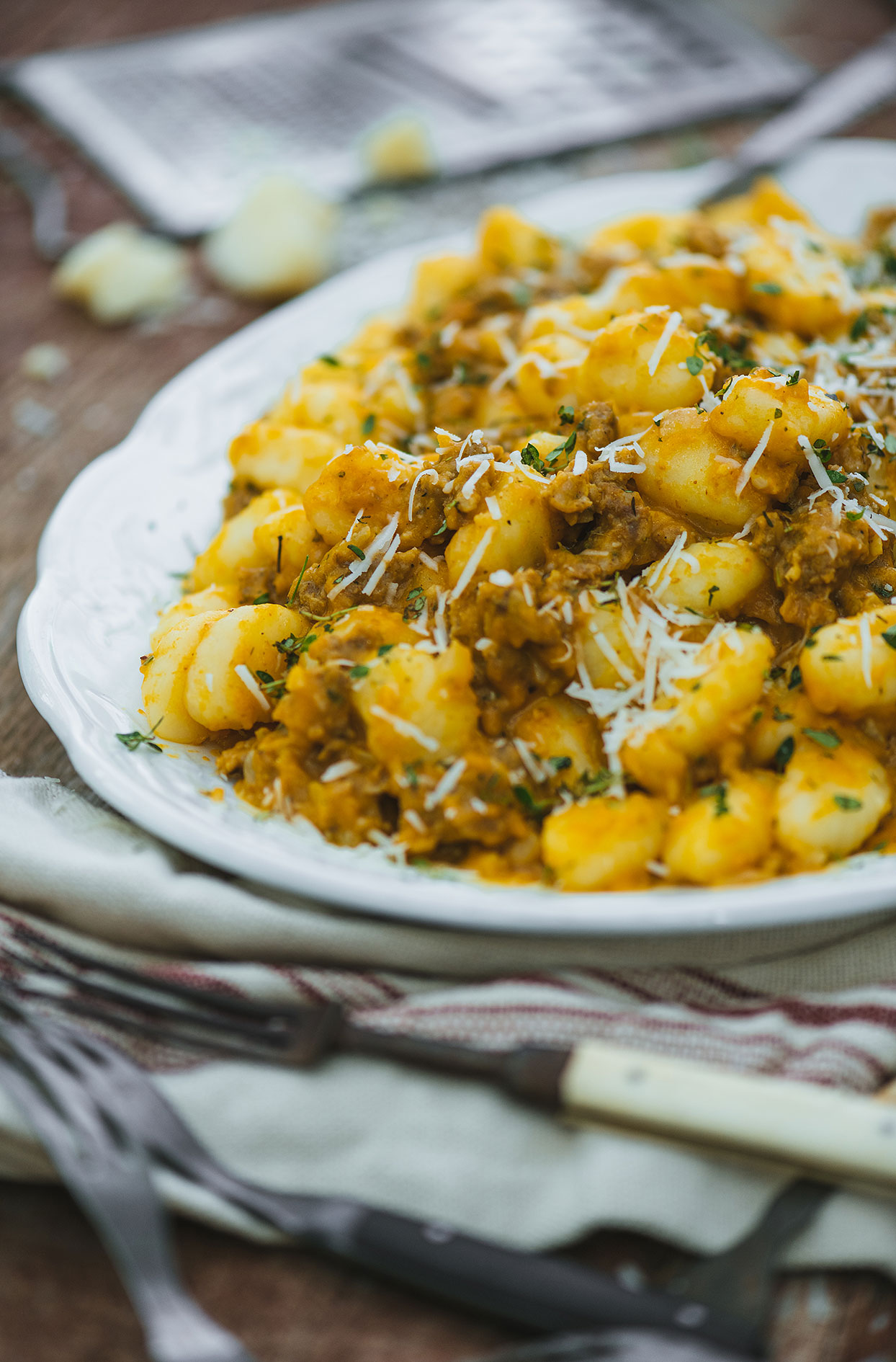 Gnocchi with pumpkin and fine herbs sausages