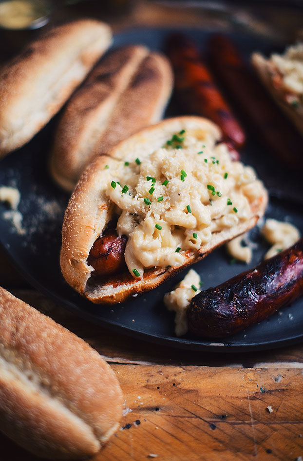 Legendary hot dogs topped with mac and cheese
