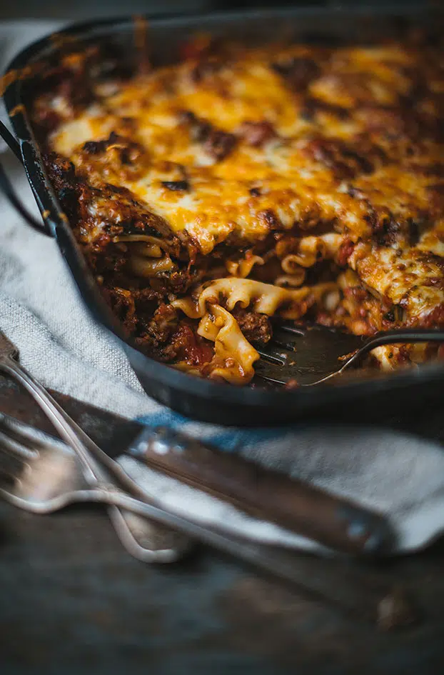 Luxury lasagna with bolognese sauce and cheese curds