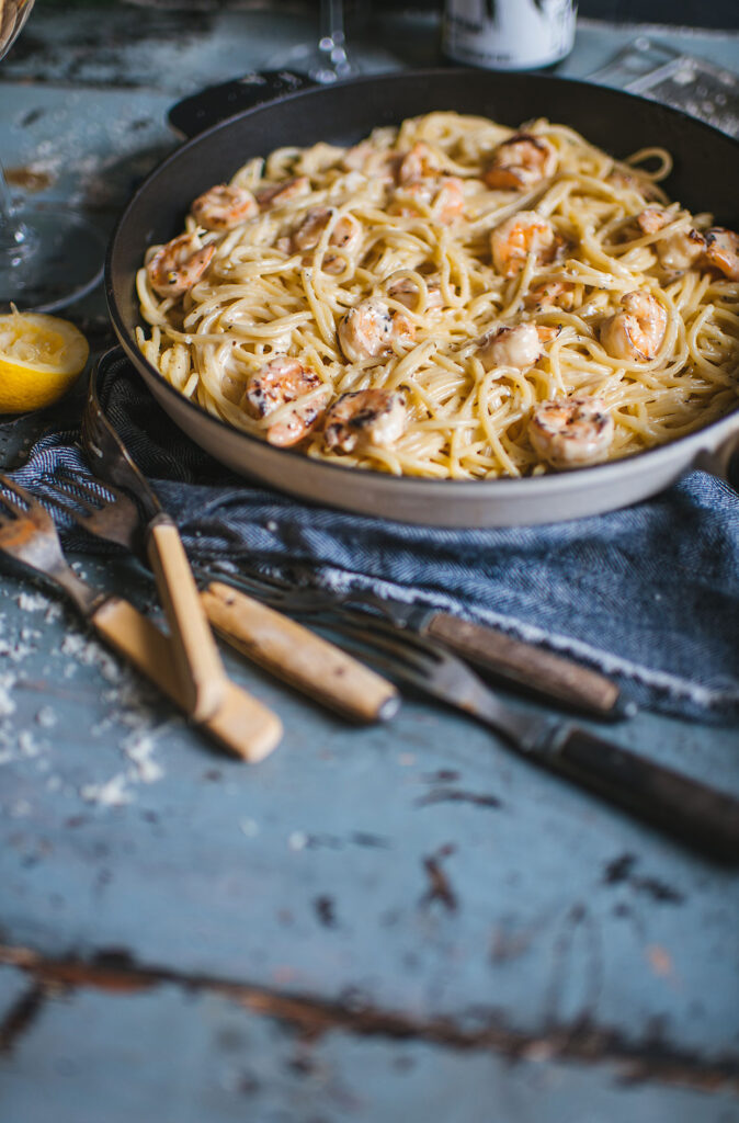 Linguine Alfredo with lemon shrimp