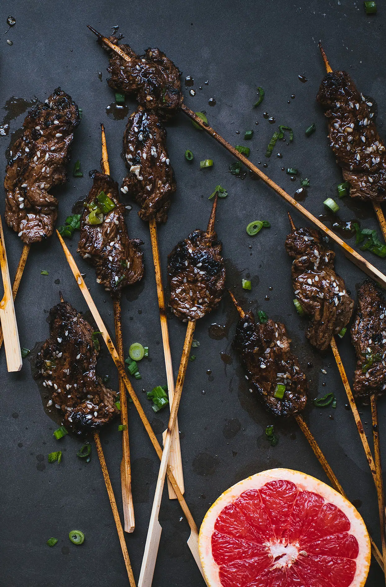 Mini flank steak skewers with Asian grapefruit sauce