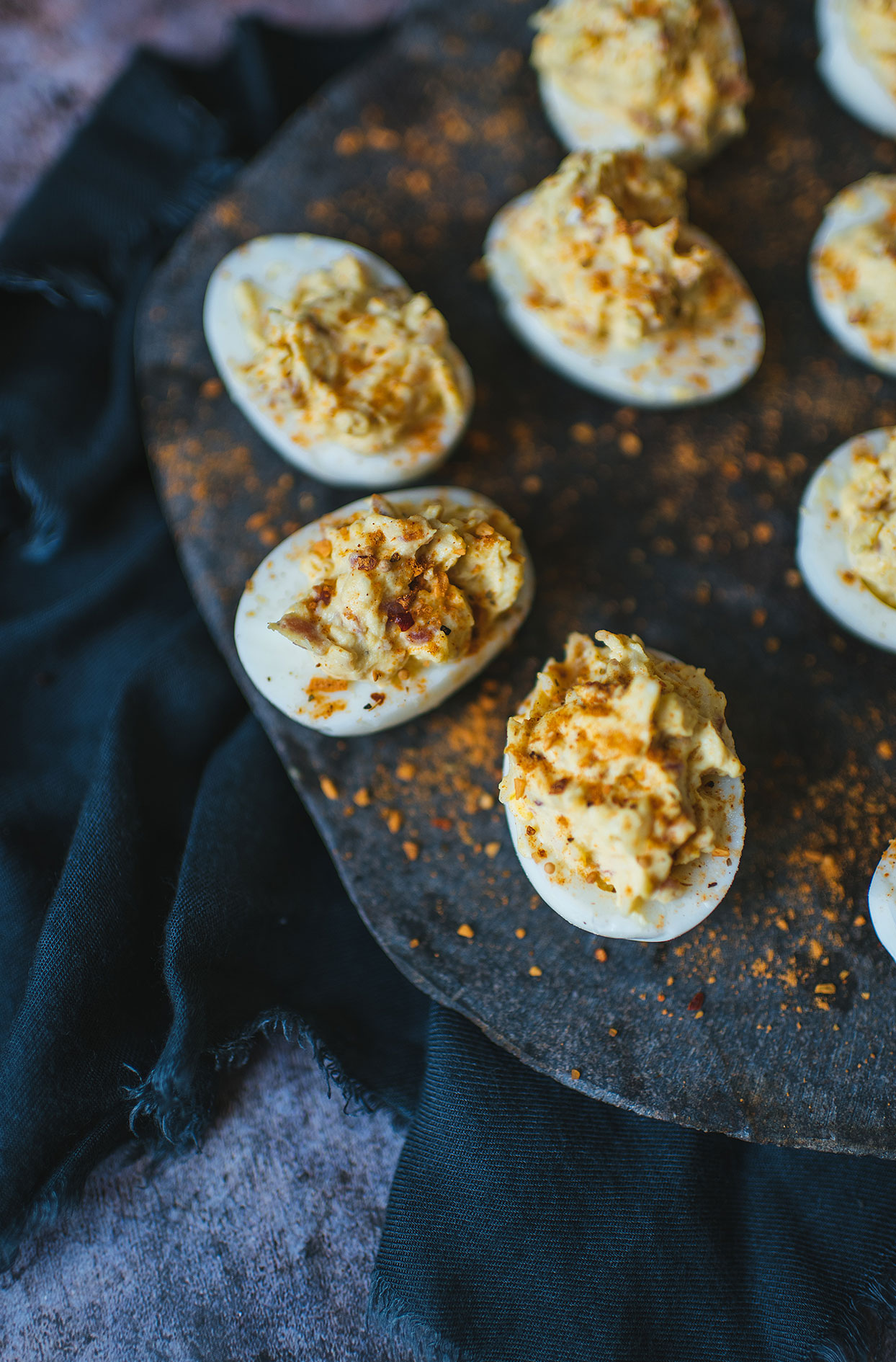 Smoked cheese and bacon deviled eggs