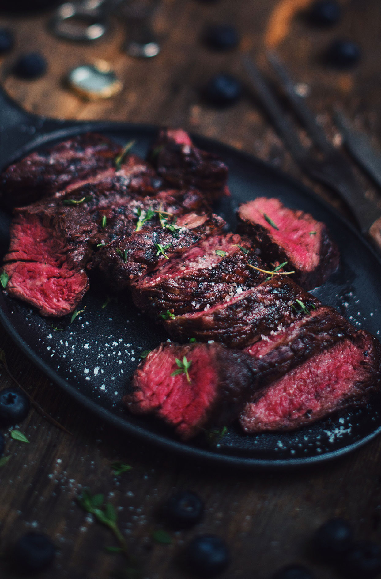 Grilled hanger steak with blueberry and balsamic vinegar marinade