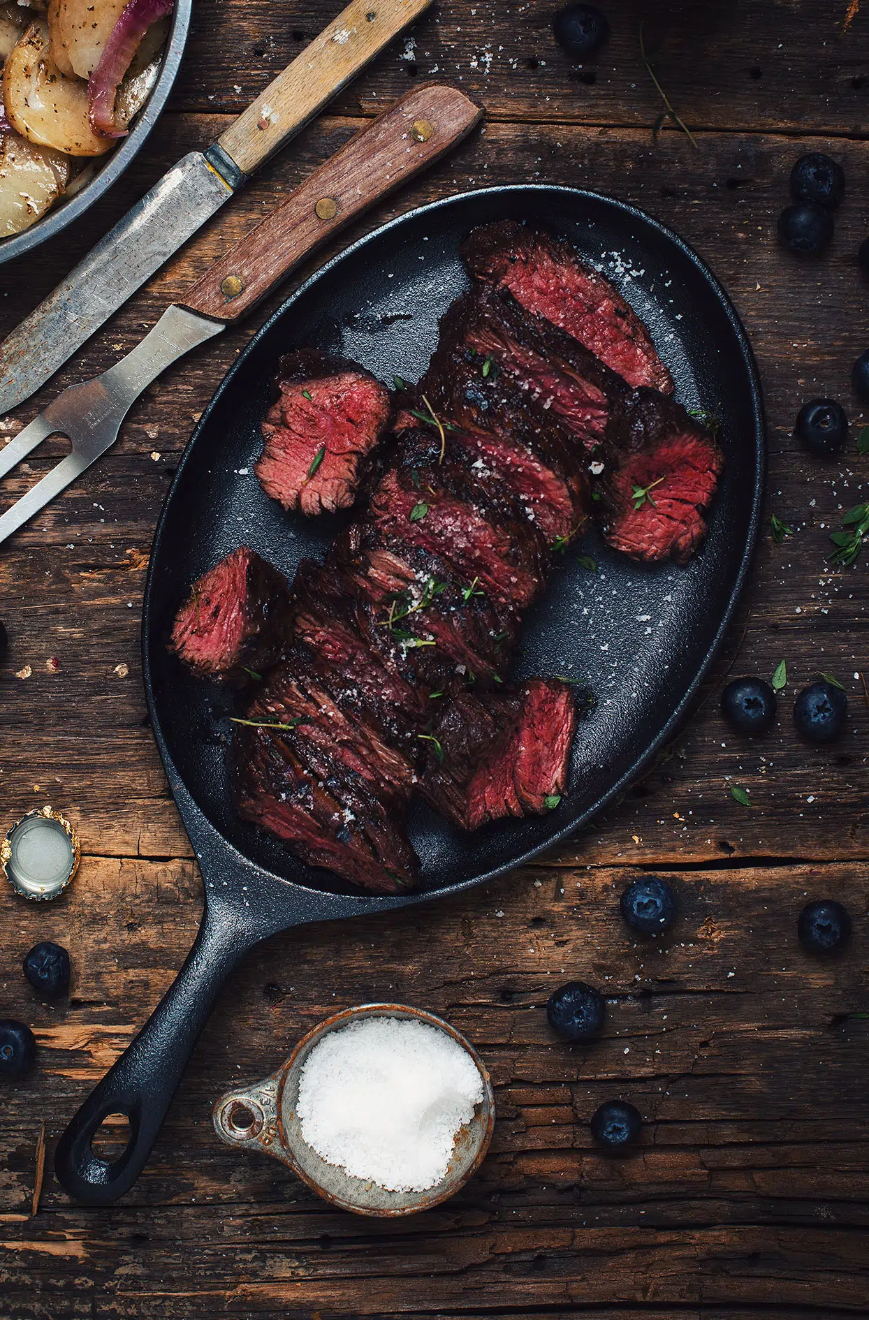 Grilled hanger steak with blueberry and balsamic vinegar marinade