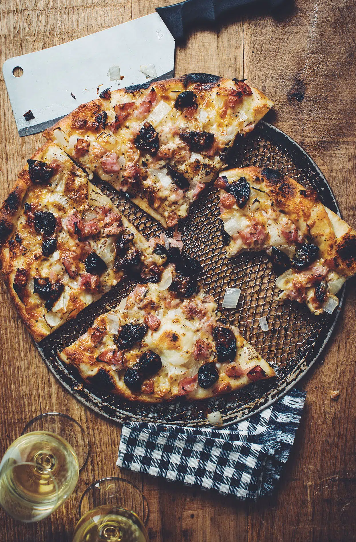 Dried prunes, ham and sharp cheddar pizza