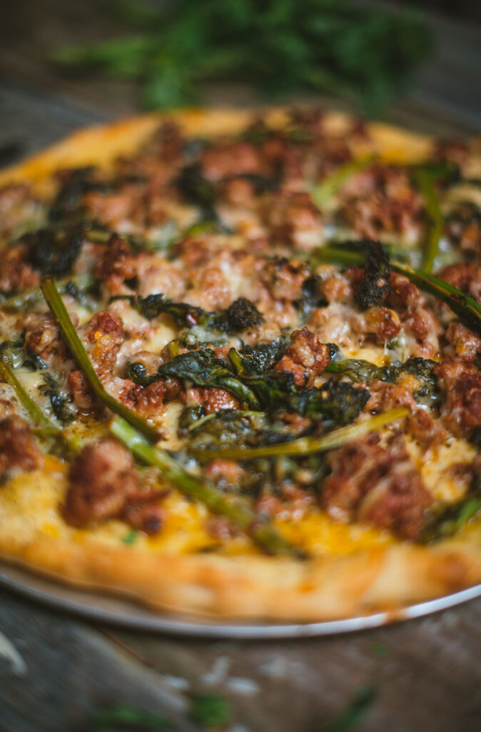 Rapini and Italian sausages pizza