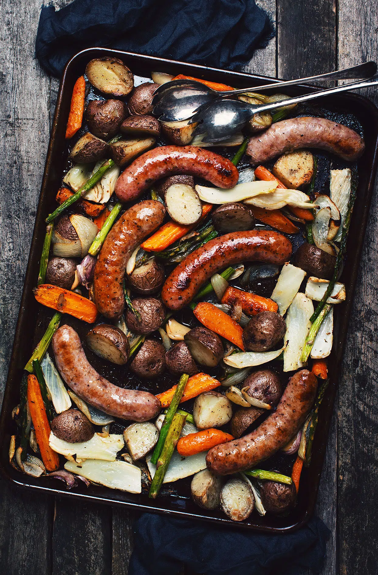 Grilled vegetables and sausages pan