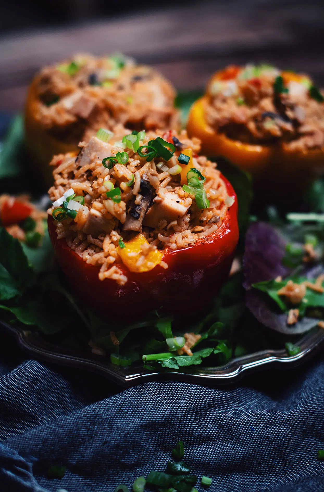 Stuffed bell peppers with vegetable rice and grilled BBQ chicken