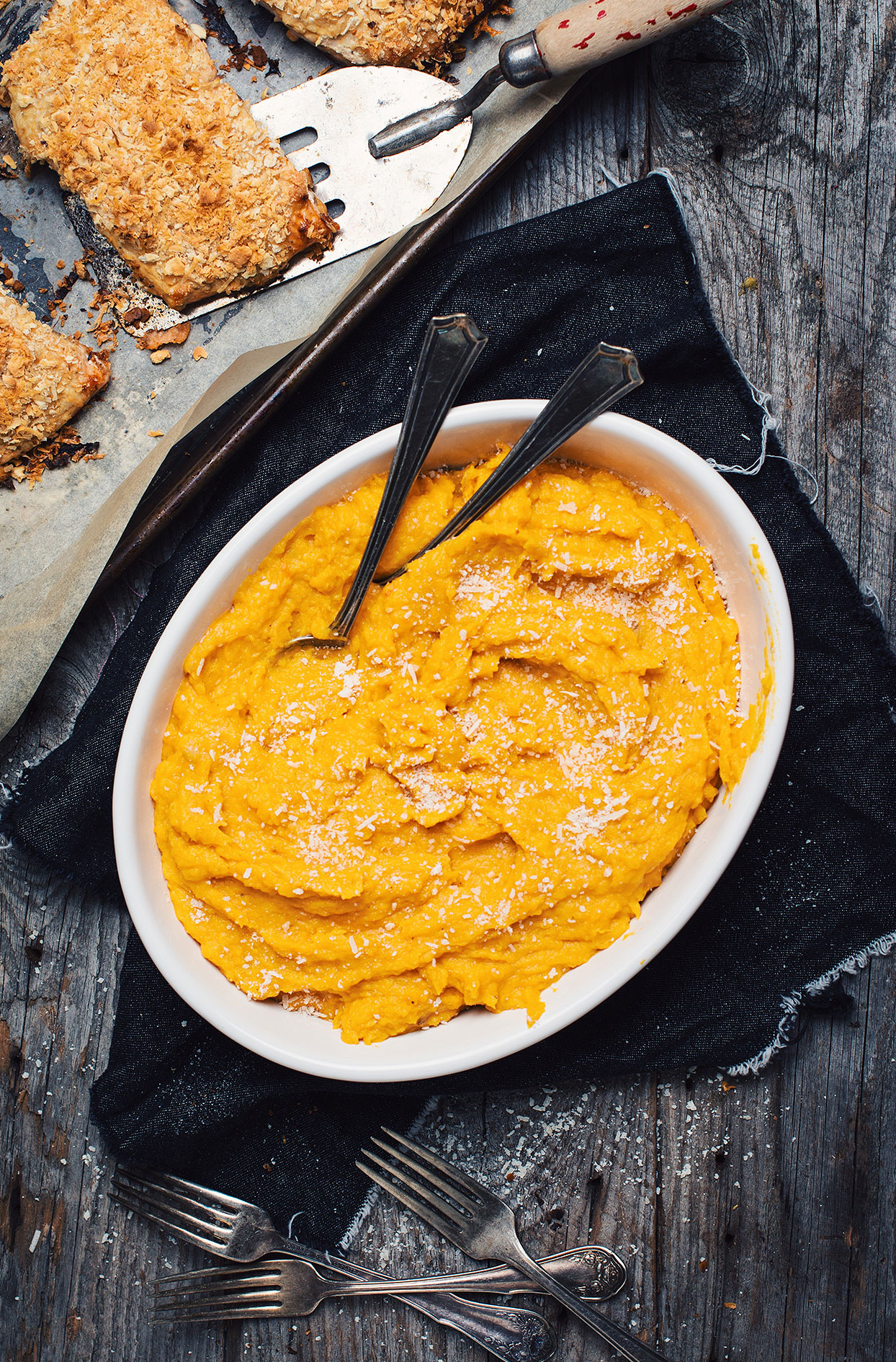 Squash and sweet potato puree with parmesan cheese