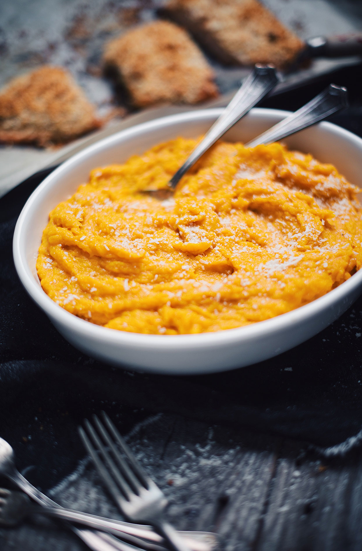 Squash and sweet potato puree with parmesan cheese