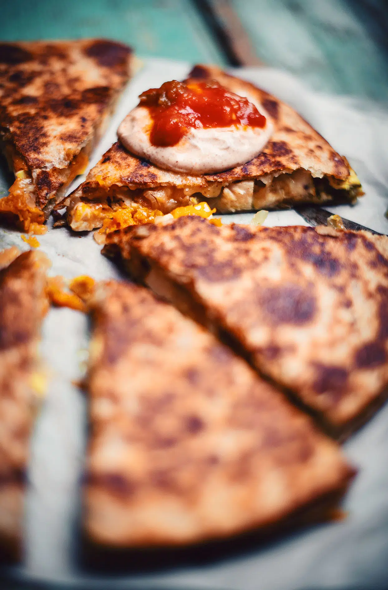Quesadillas with chicken, grilled pumpkin and smoked gouda cheese