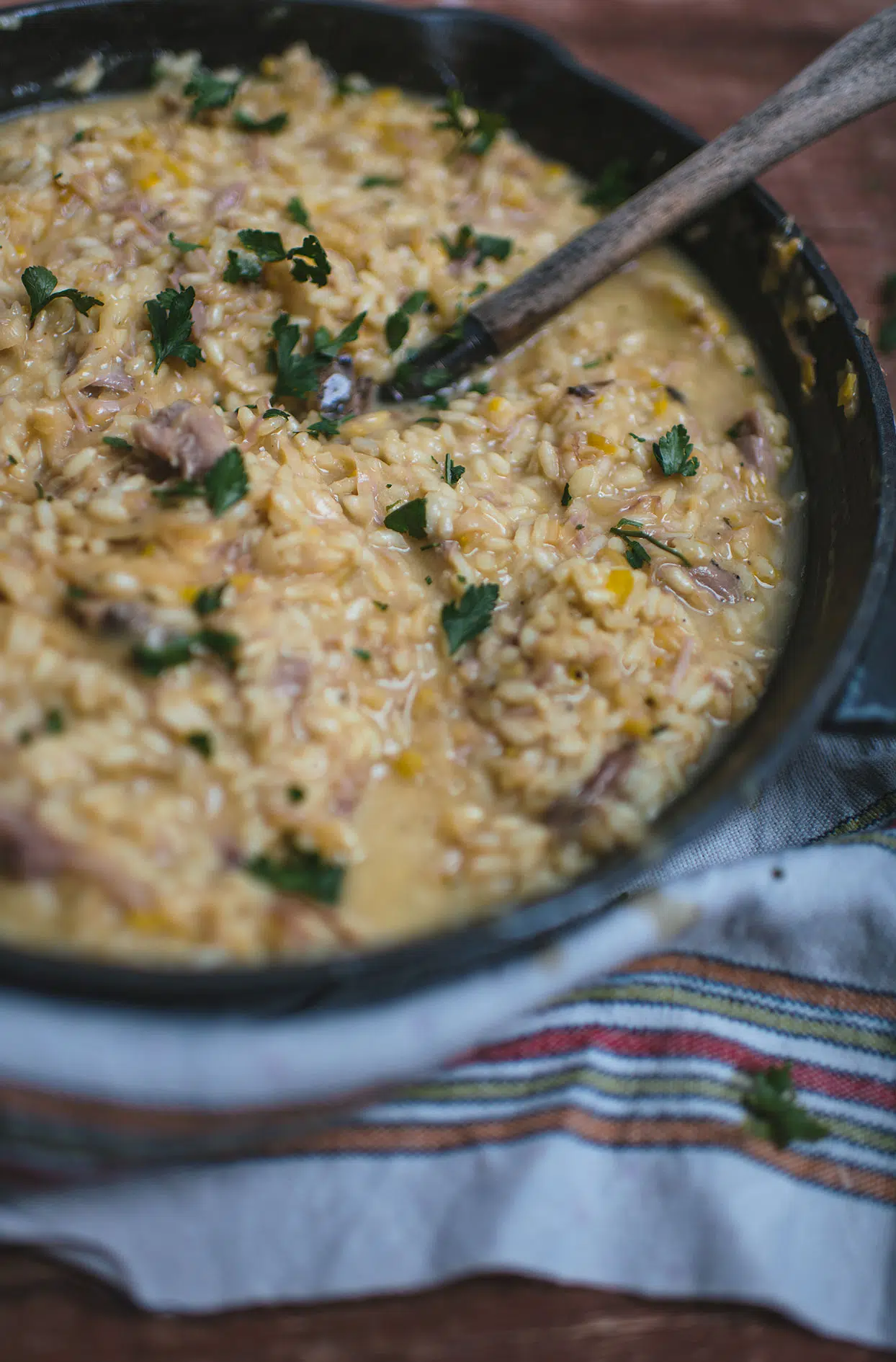 Risotto with duck confit and leeks caramelized in beer