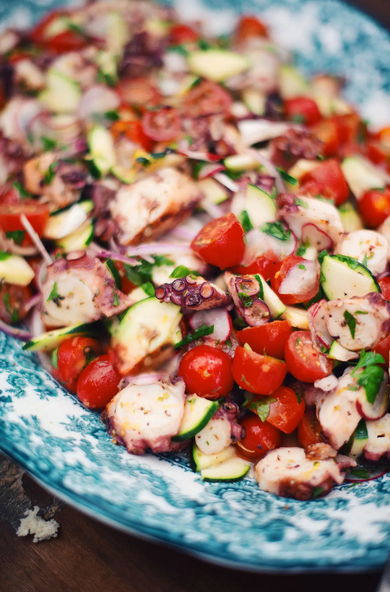 Grilled octopus salad with garden vegetables