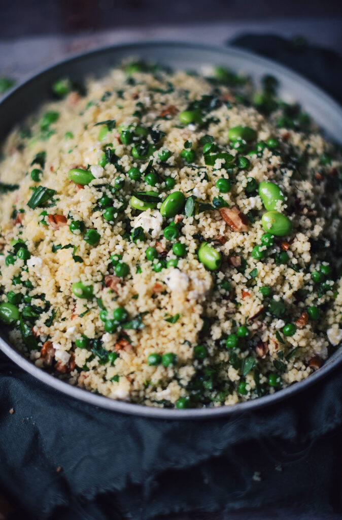 Green couscous salad with pecans, edamame and feta cheese