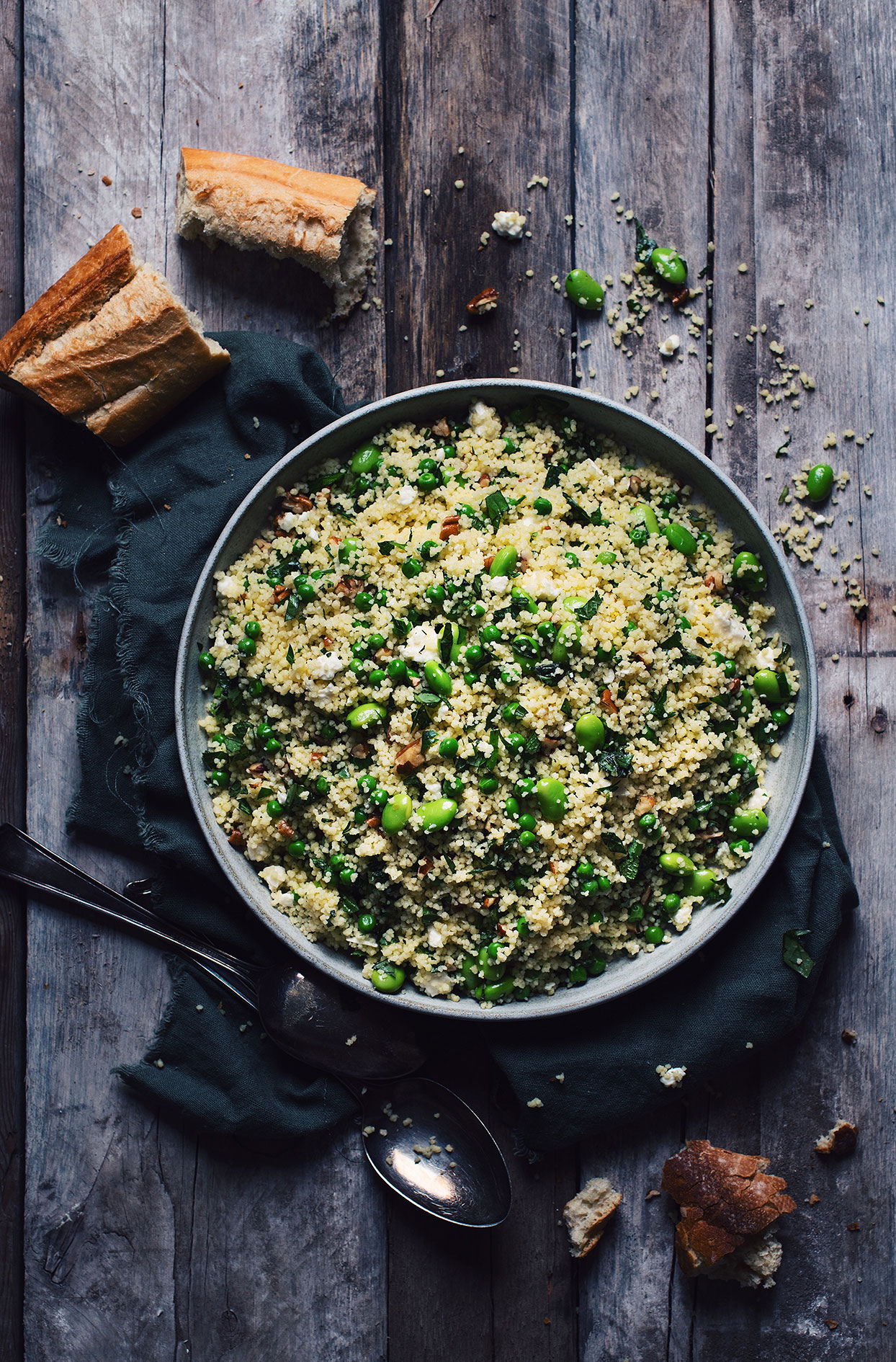 Green couscous salad with pecans, edamame and feta cheese