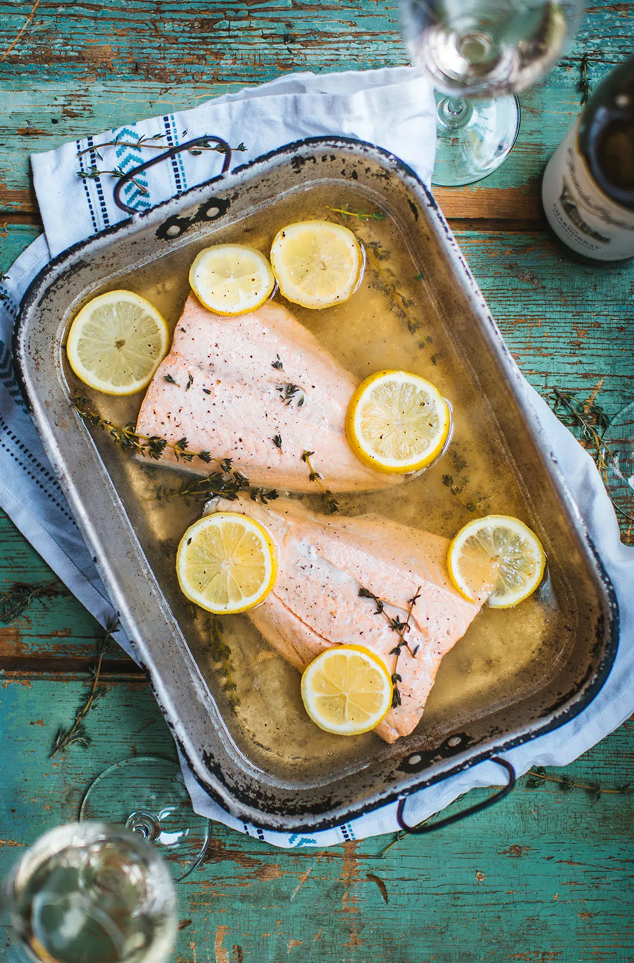 Poached salmon in white wine