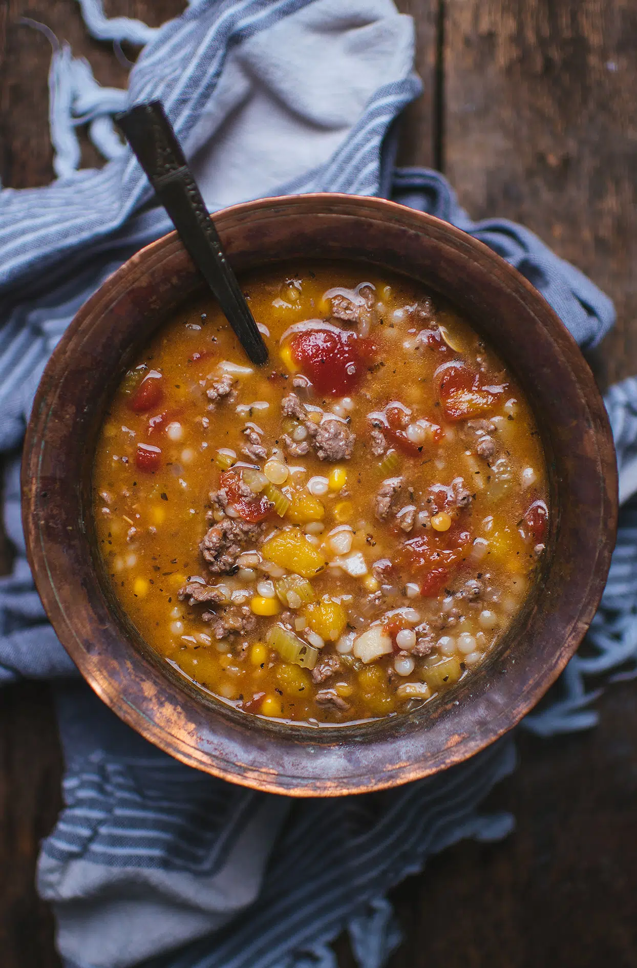 Ground beef, pearl couscous and vegetables soup