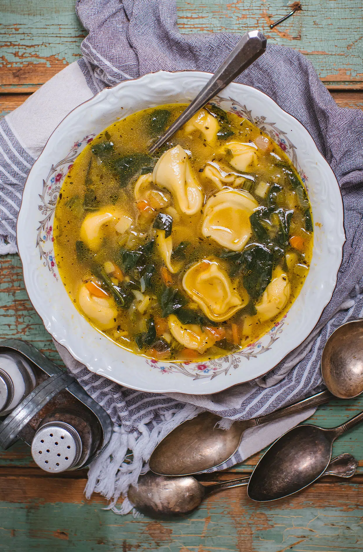 Chicken soup with cheese tortellini