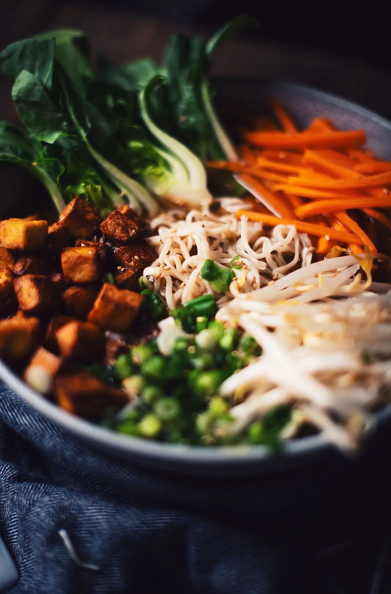 Miso ramen soup with mushrooms, vegetables and crispy tofu