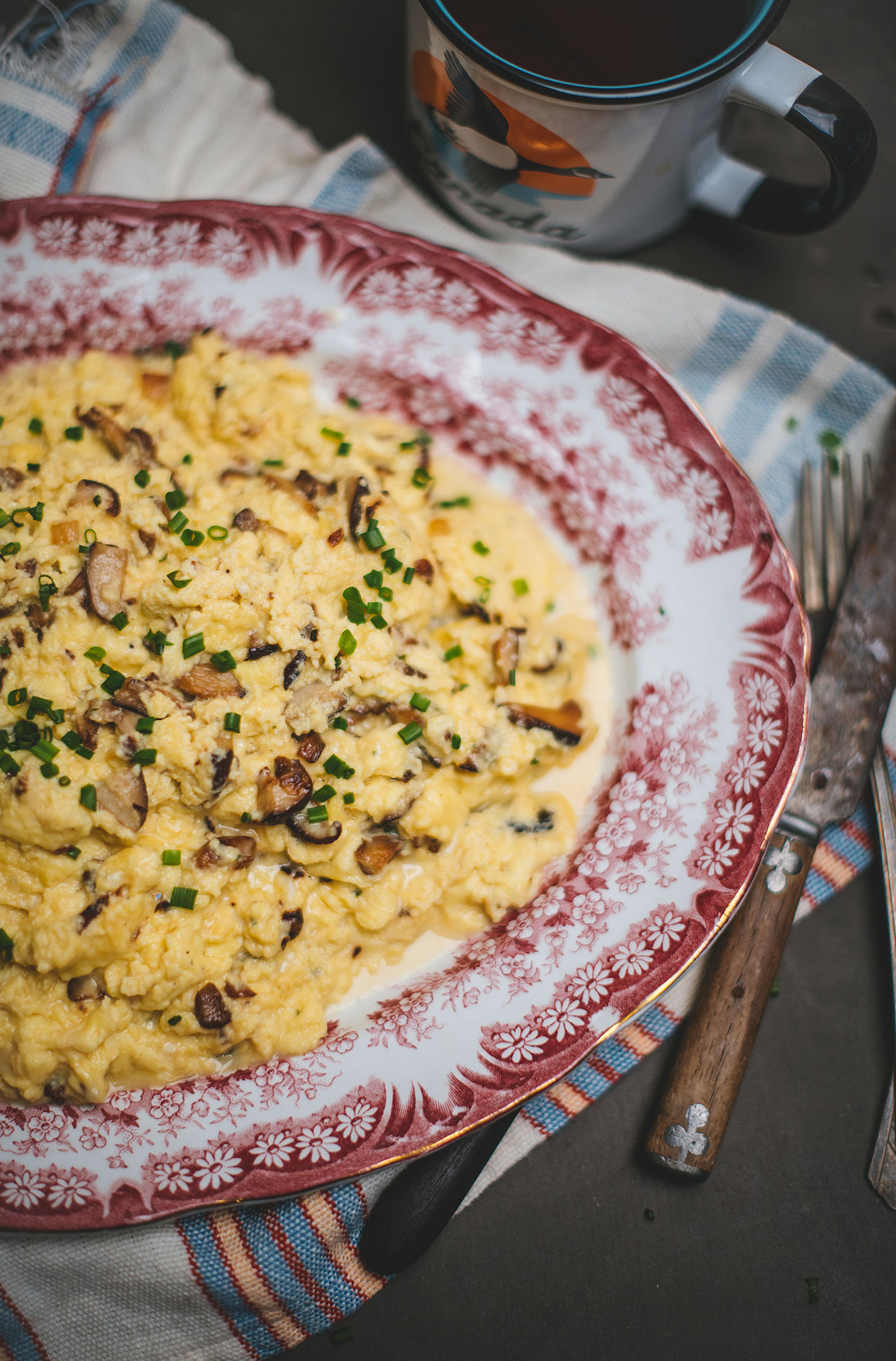 Scrambled eggs with mushrooms and Boursin cheese