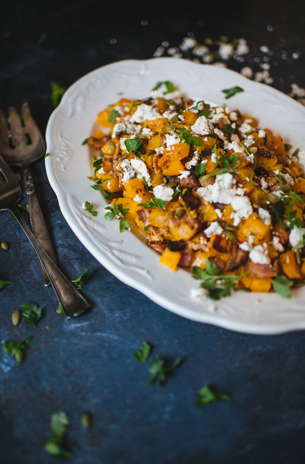 Roasted butternut squash with bacon and goat cheese