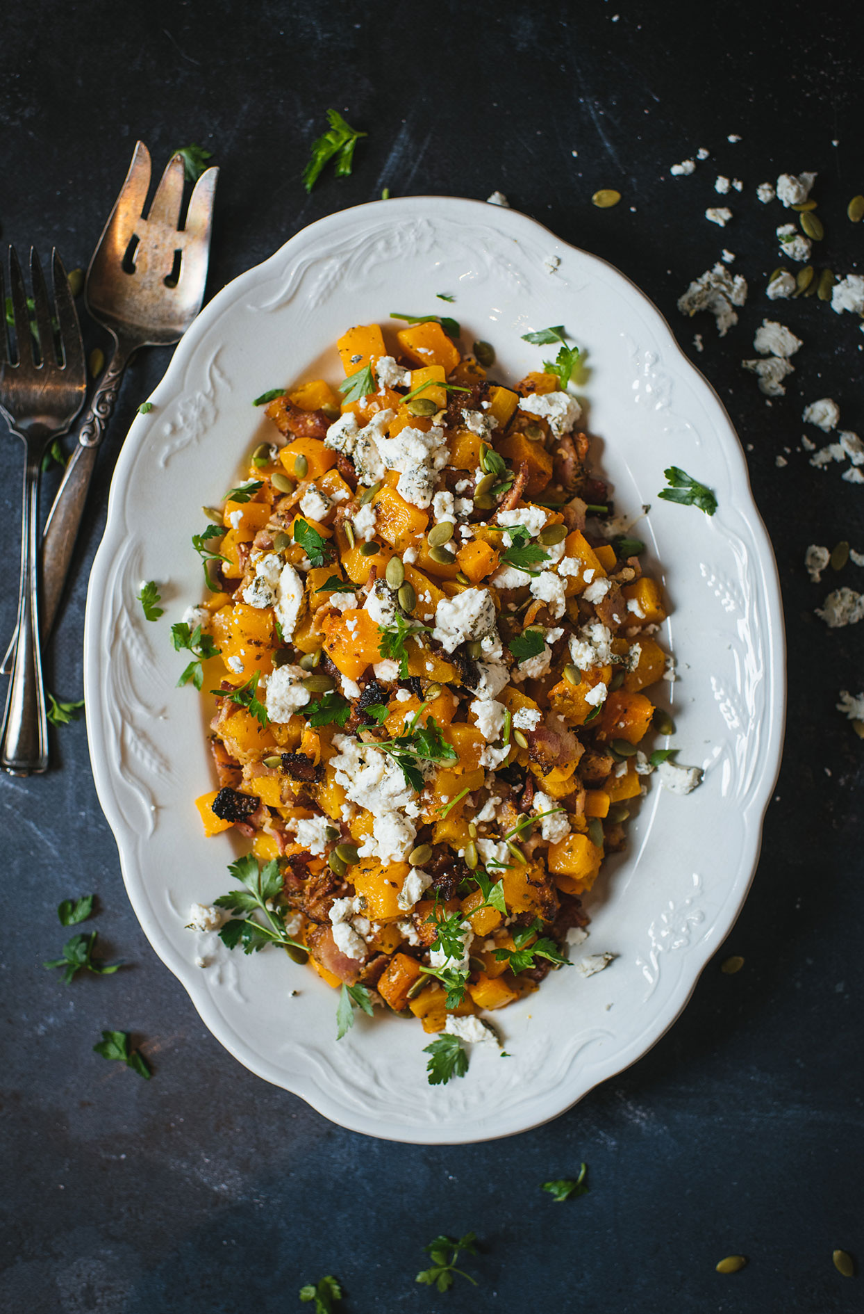 Roasted butternut squash with bacon and goat cheese