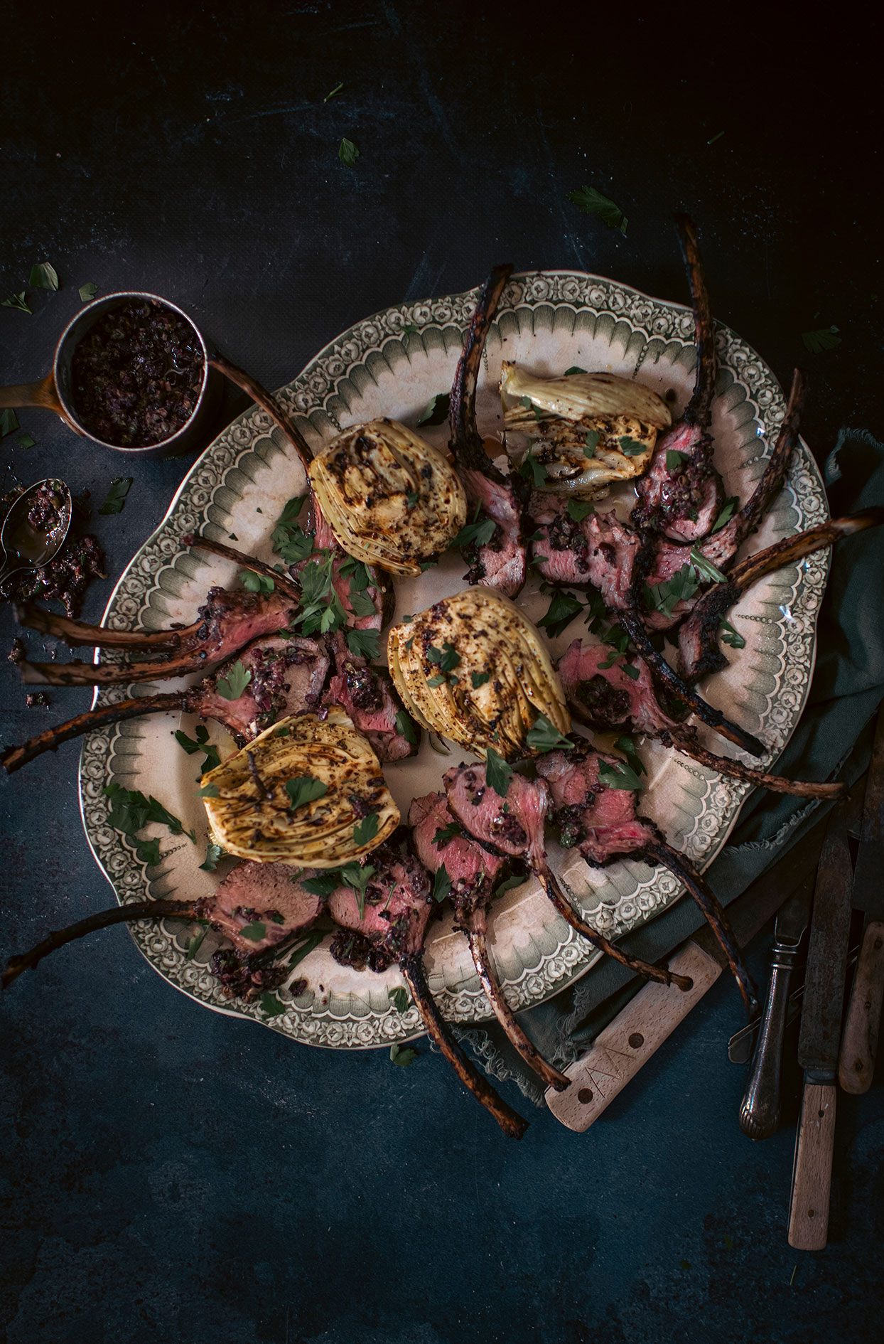 Grilled rack of lamb with Kalamata olive and herb tapenade