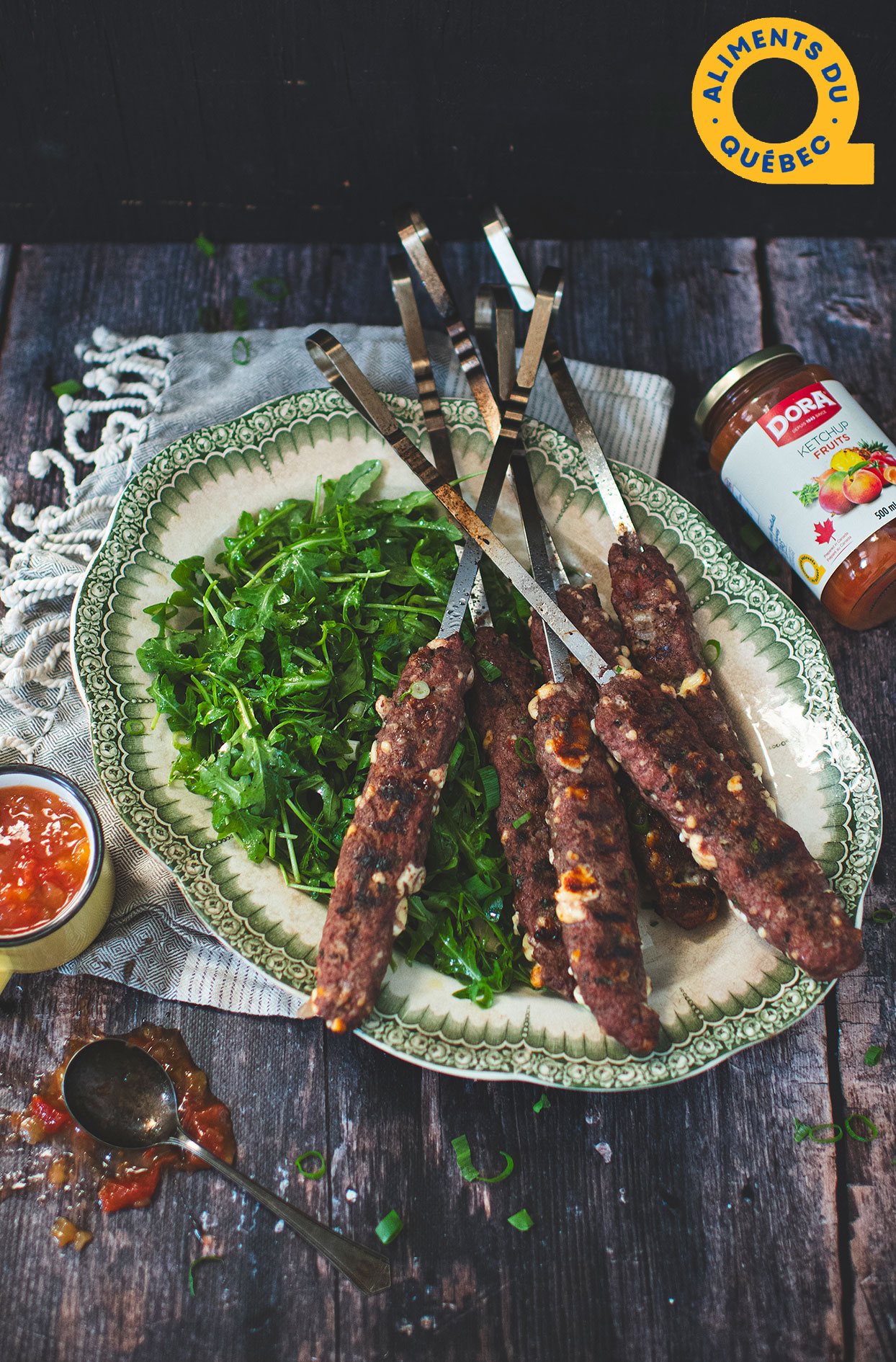 Grilled tourtière skewers with cheese curds and fruit ketchup