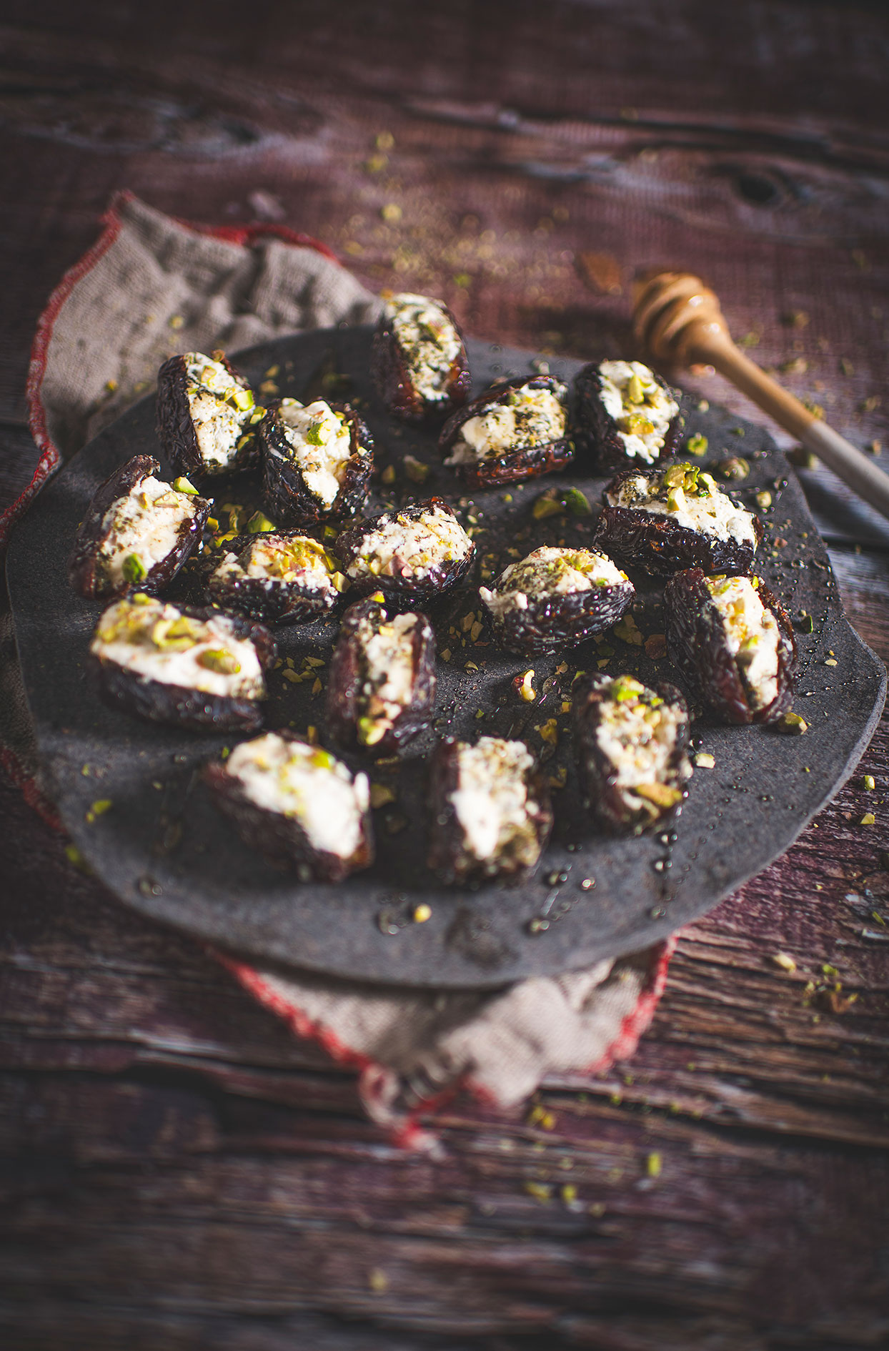 Dates stuffed with goat cheese and pistachios