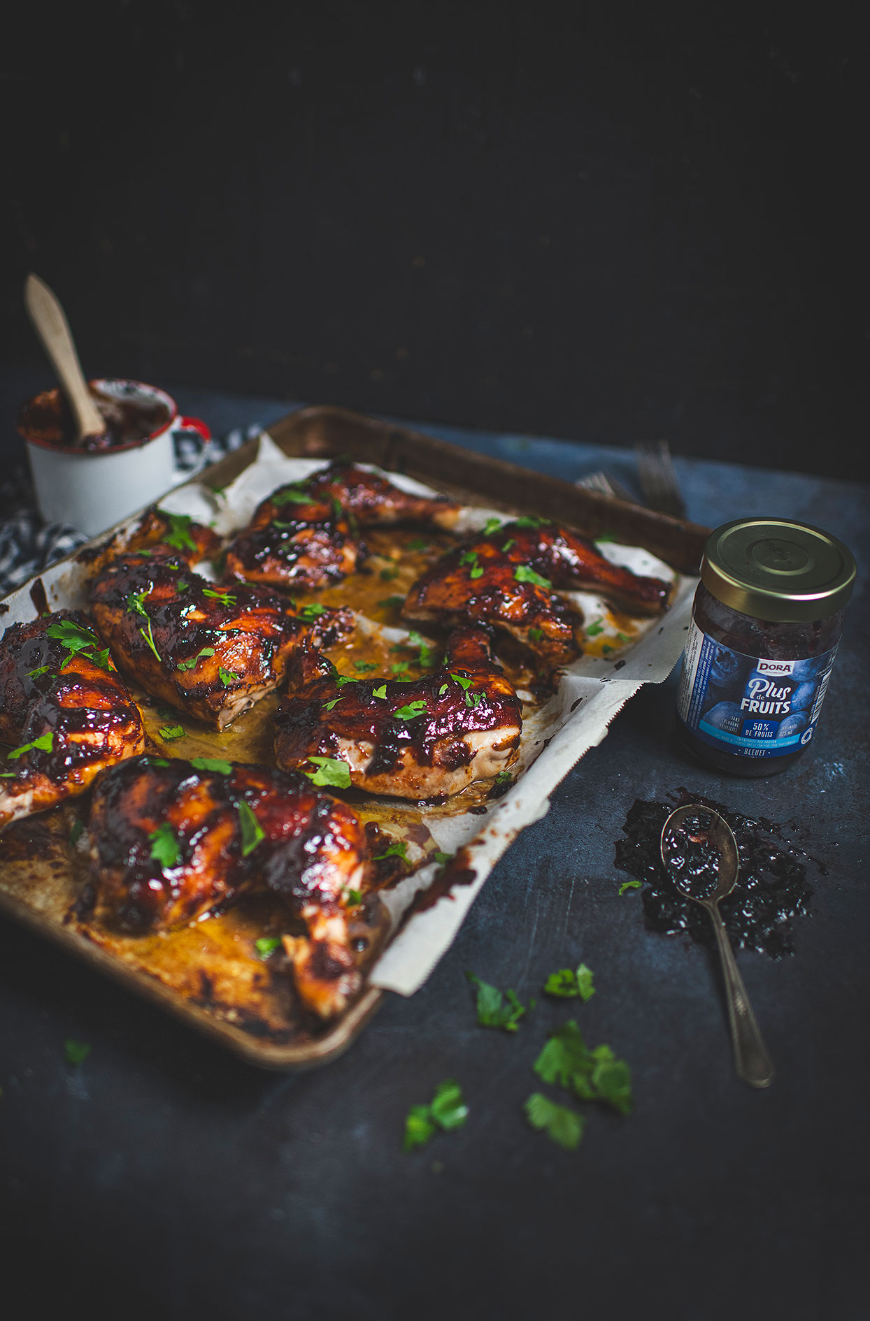 Chicken thighs with blueberry BBQ sauce