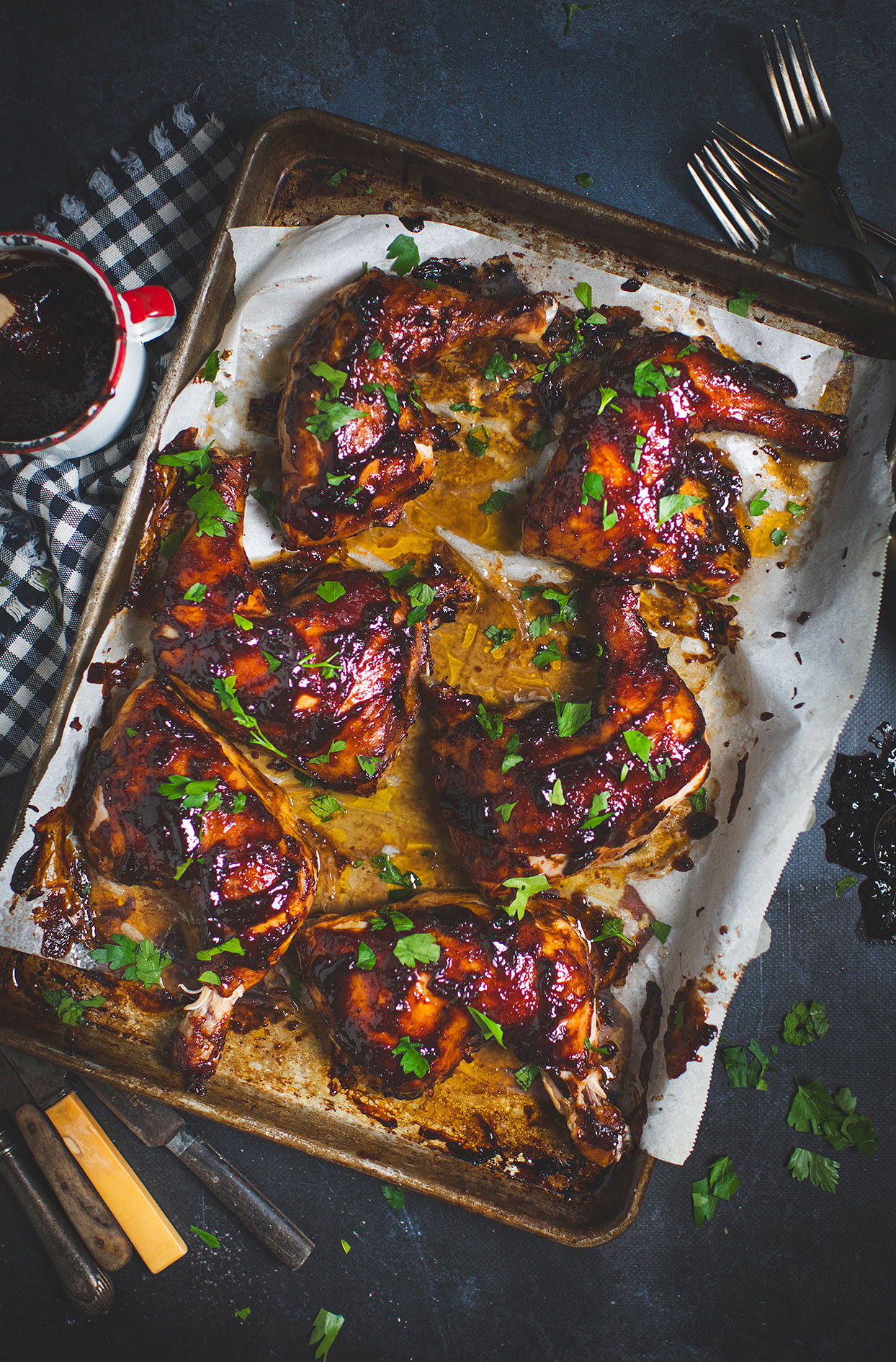 Chicken thighs with blueberry BBQ sauce