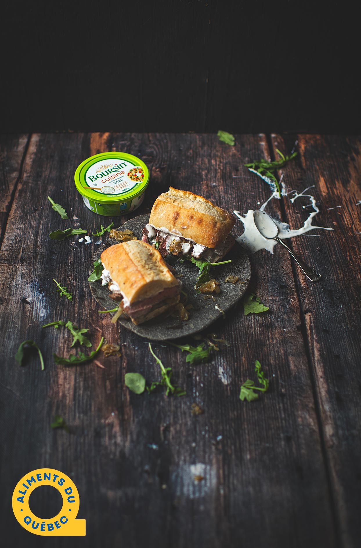 Grilled striploin sandwich with Boursin and caramelized onions