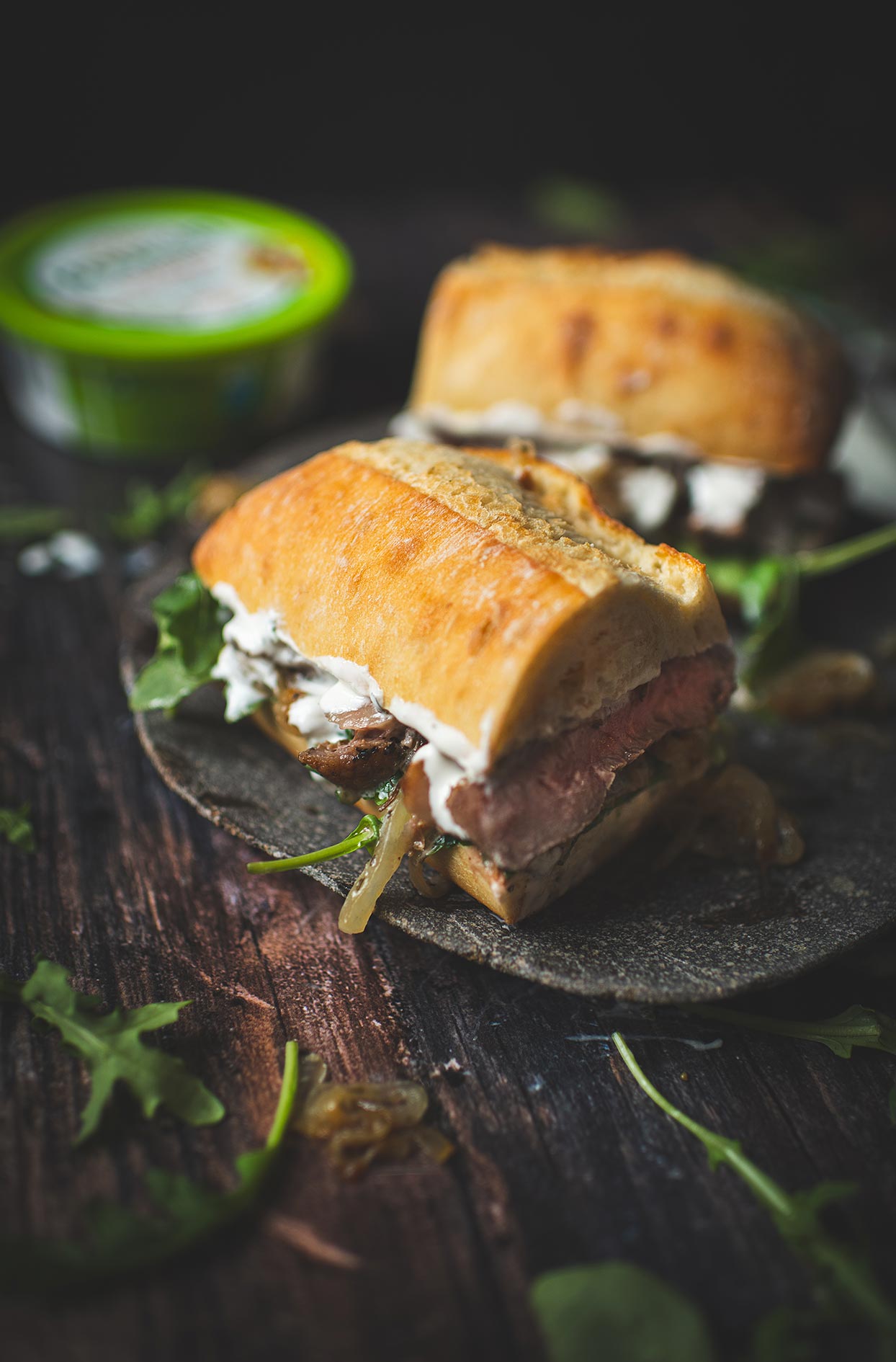 Grilled striploin sandwich with Boursin and caramelized onions