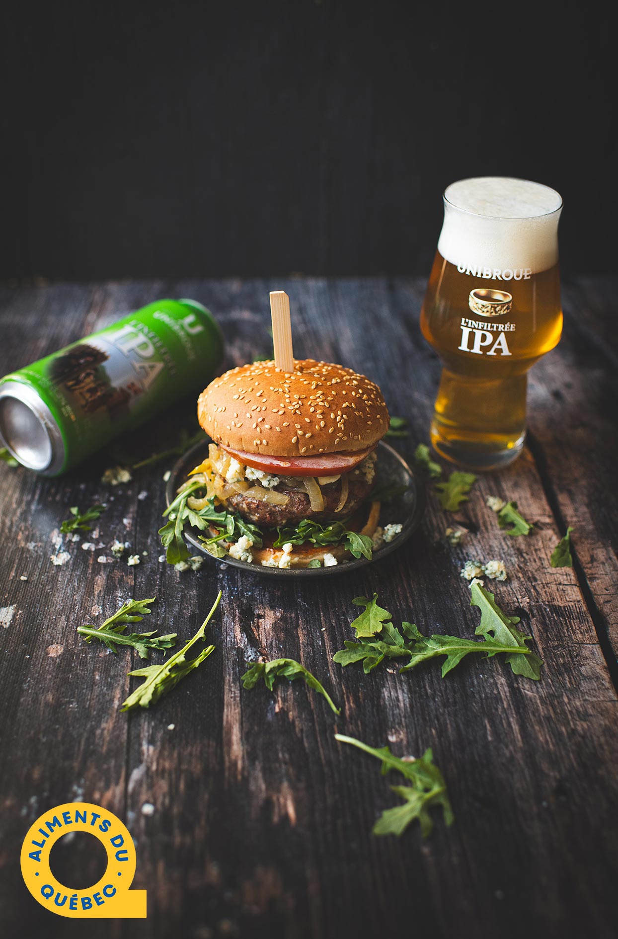 Blue cheese burger with IPA-caramelized onions