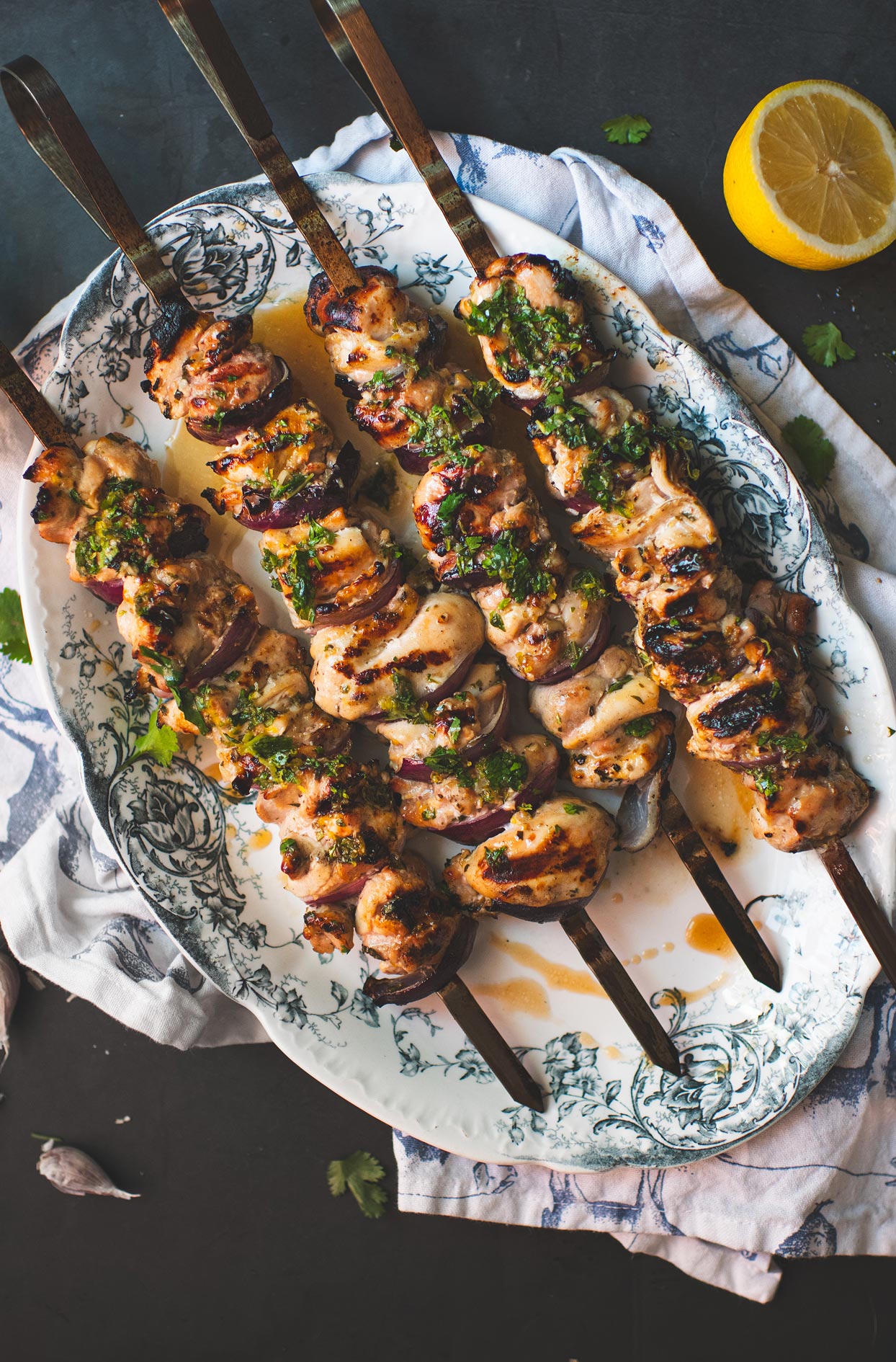 Lemon, beer and herb grilled chicken skewers