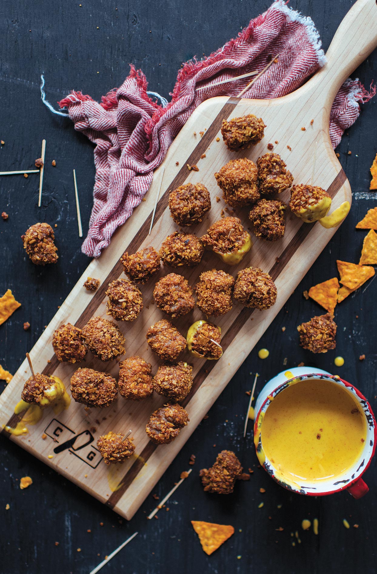 Doritos® sausage bites with cheese sauce
