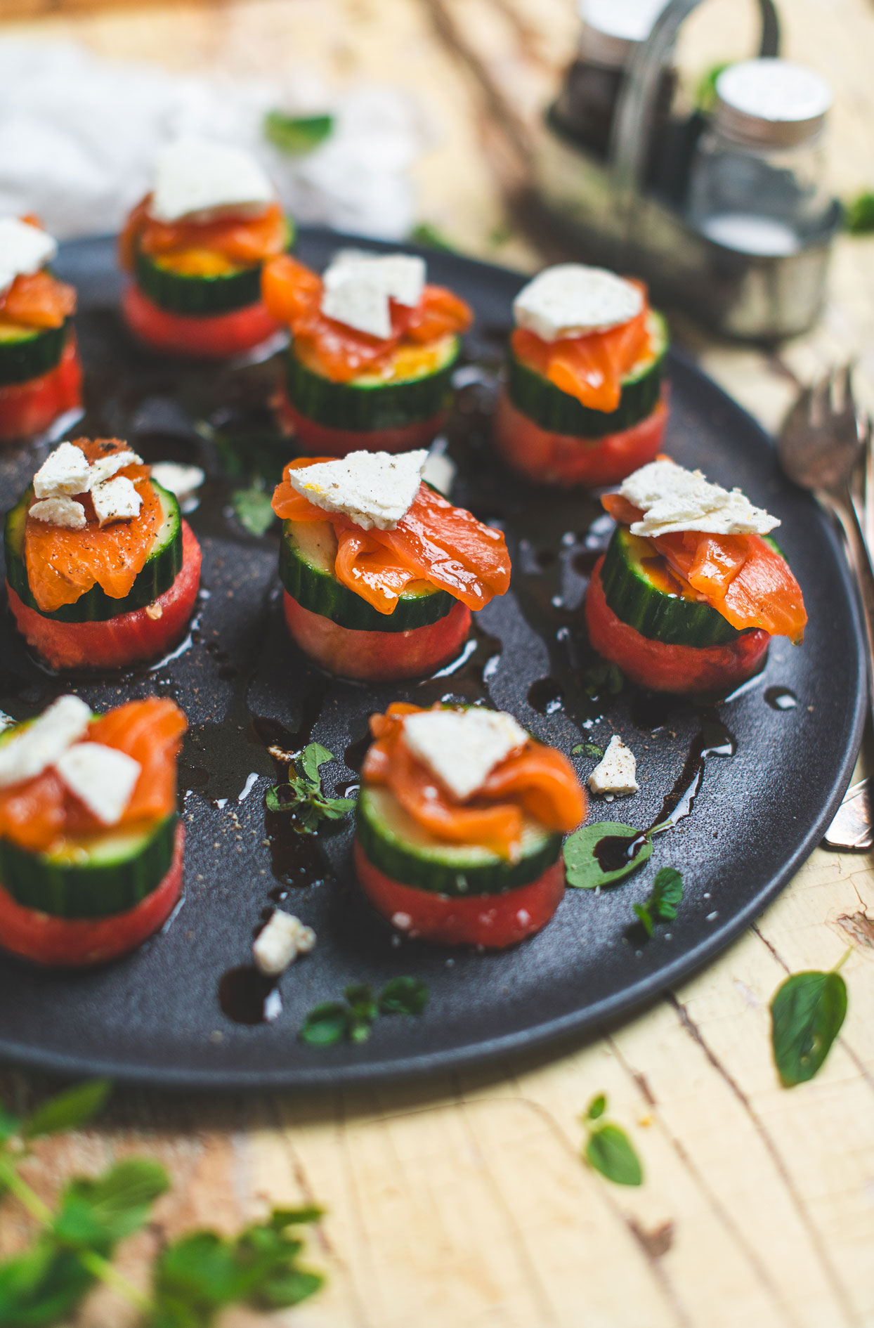 Watermelon bites with cucumber and smoked salmon