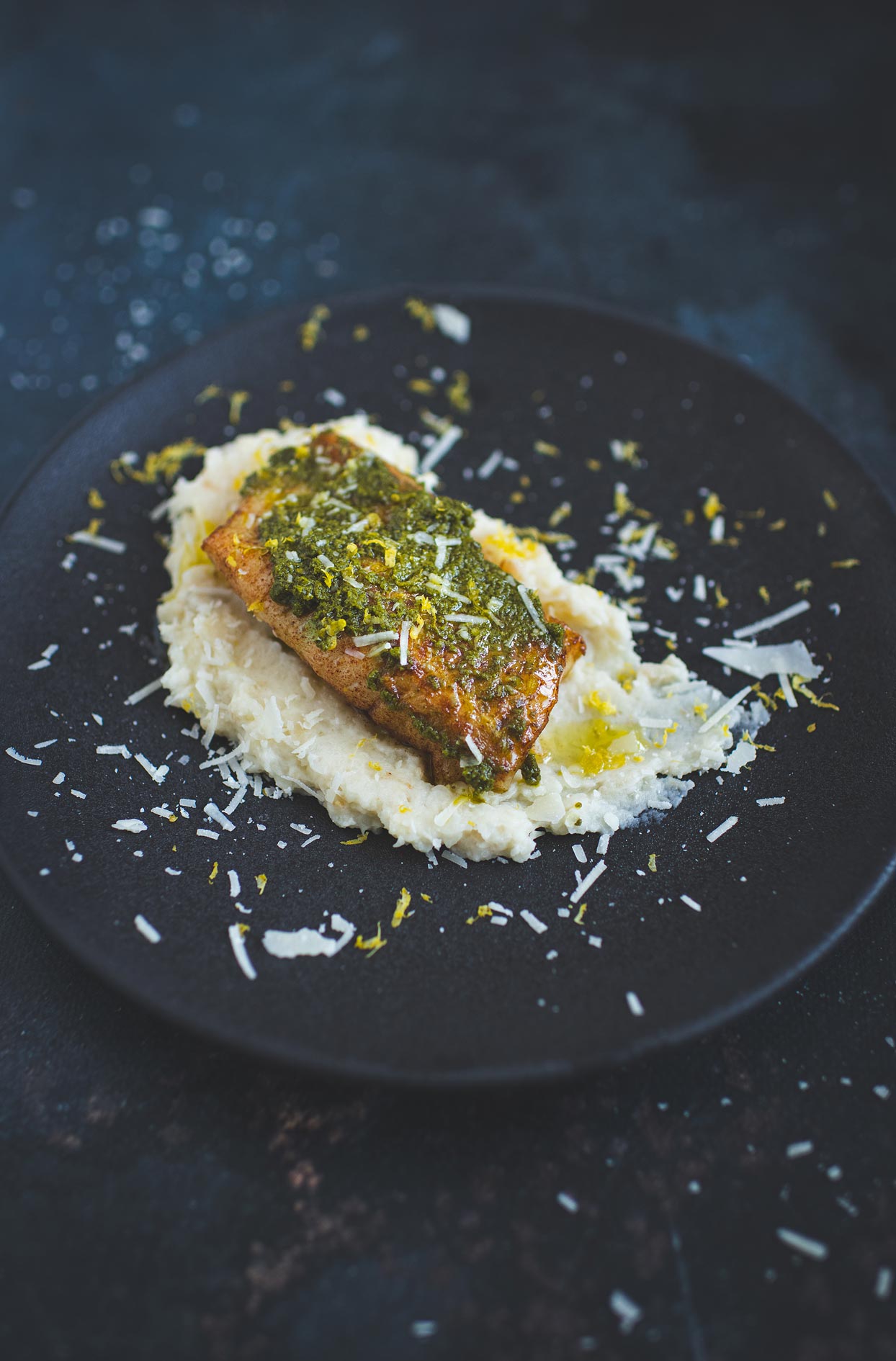 Grilled cod, mint pesto and celeriac purée