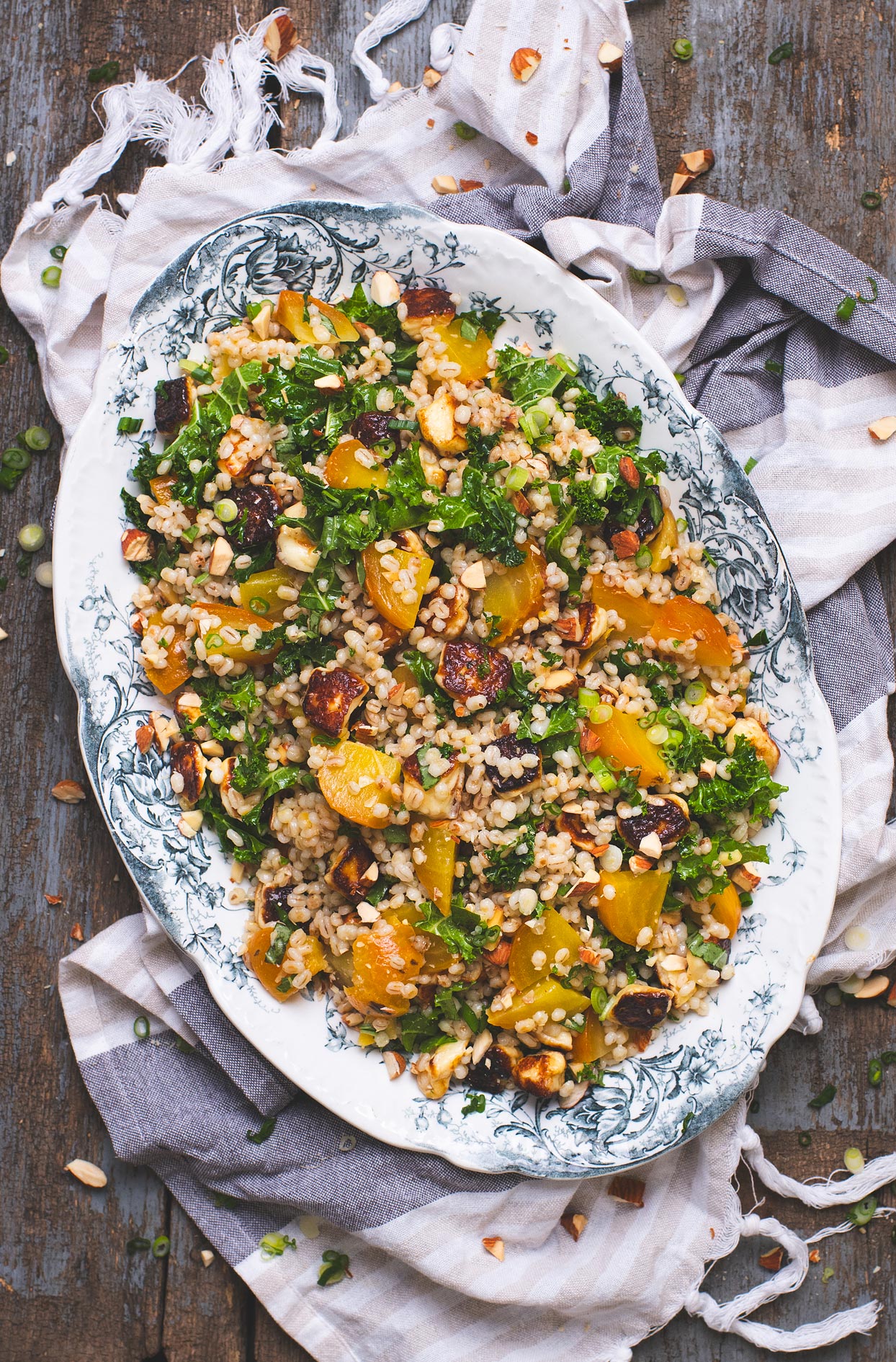 Grilled barley salad with kale, beets and halloumi